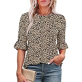 Rapbin Womens 3/4 Length Sleeve Tops Loose Fit Casual Crew Neck Shirts Ruffle Tunic Blouses