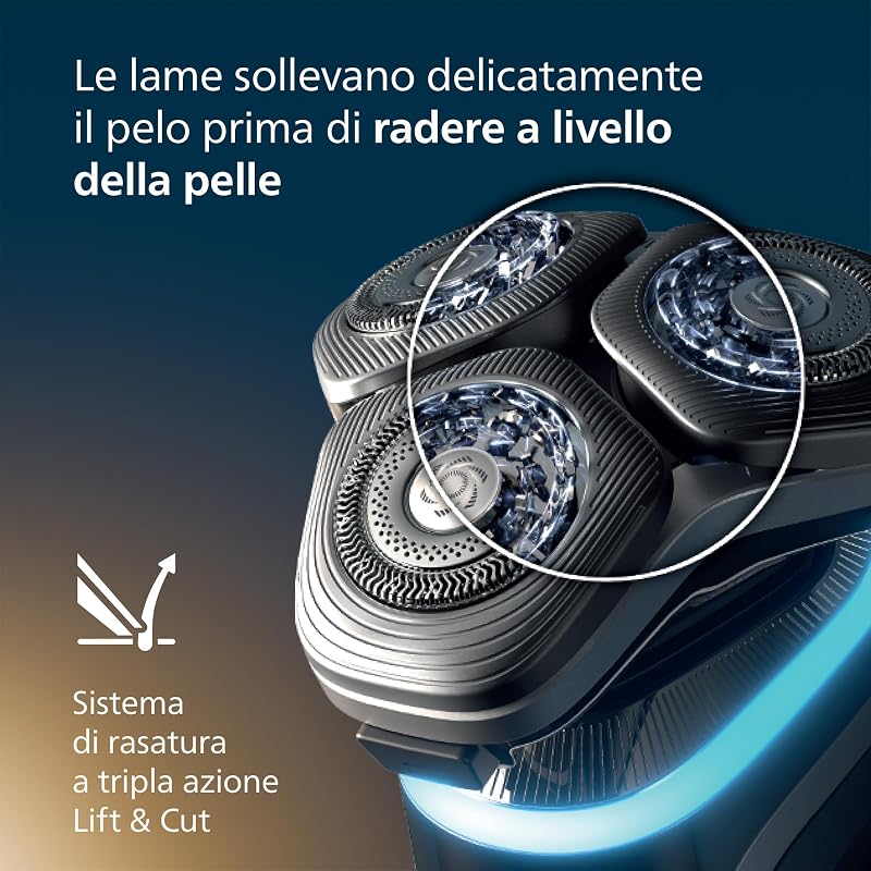 Shaver i9000 Prestige, rasoio elettrico Wet & Dry, con tecnologia Skin IQ, triplo sistema di sollevamento e taglio, doppie lame rotanti in acciaio di precisione a 360°, modello XP9205/30