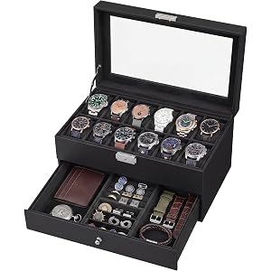 SONGMICS HOME Watch Box, PU Watch Case Organizer with Glass Lid, Removable Pillows, Metal Clasp, 12 Slots, Black