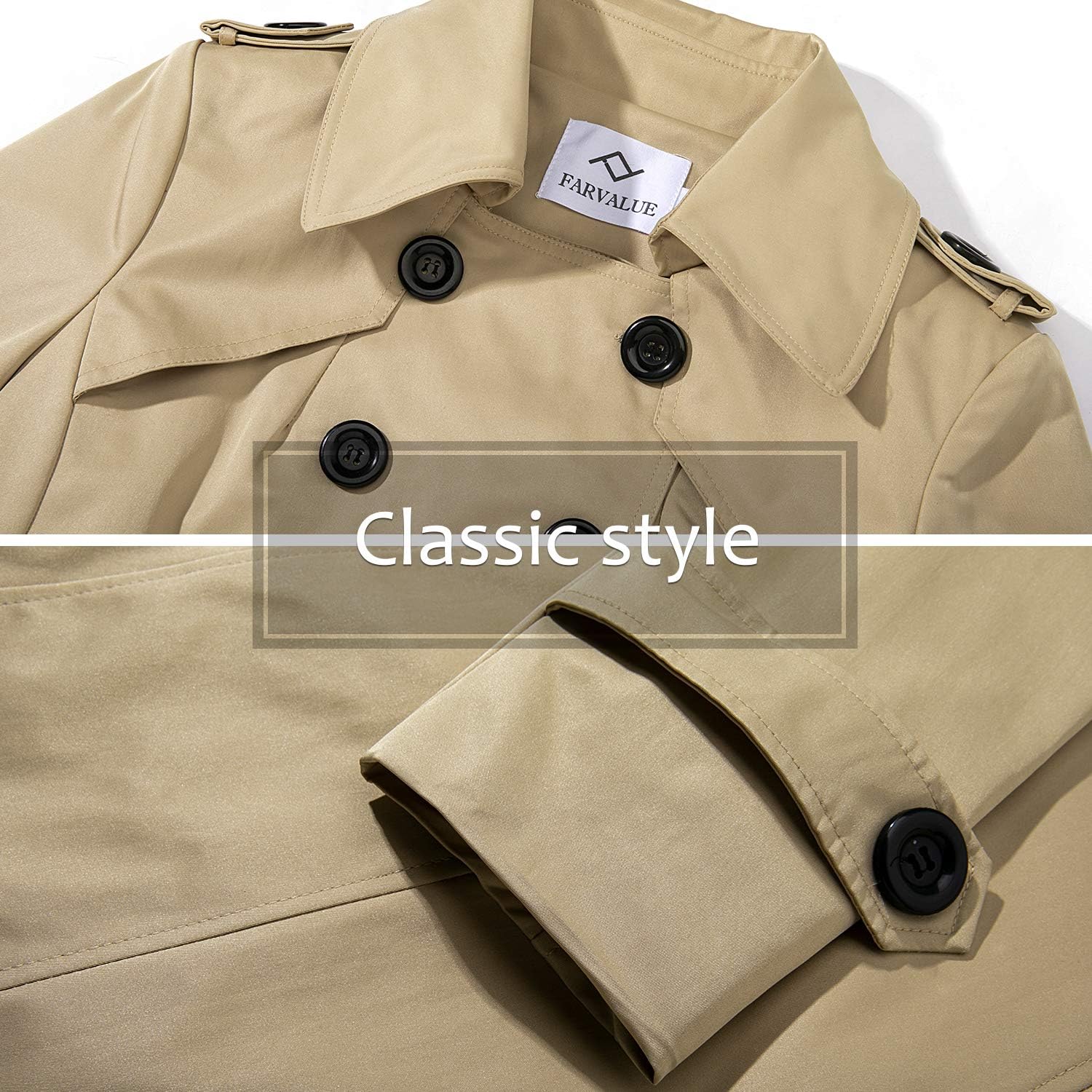 FARVALUE Women's Double Breasted Trench Coat Water Resistant Classic Belted Lapel Overcoat: Clothing