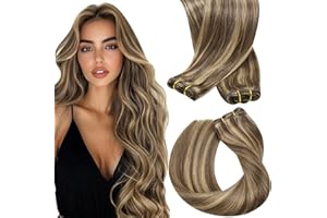 Sunny Hair Weft Hair Extensions Human Hair 18inch Sew in Hair Extensions Real Human Hair Highlights Human Hair Weft Extensions Dark Brown Mix Caramel Blonde Natural Hair Weft for Women 100g