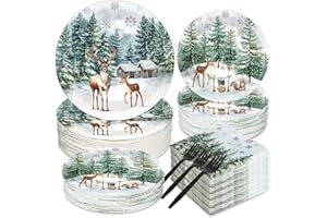 GOLDGAO 200 PCS 200 PCS Christmas Paper Plates and Napkins Sets Tableware Set Christmas Holiday Dinnerware Set Forest Snow Pine Trees elk for Xmas Holiday Birthday Party Decoration Supplies for 50 Guests
