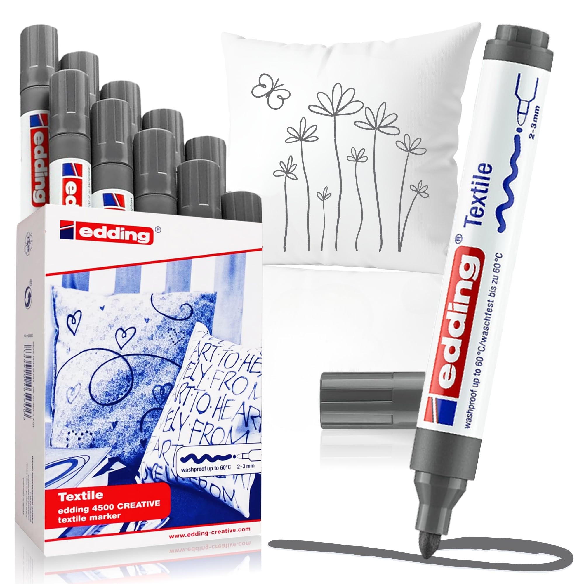edding 4500 textile marker - grey - box of 10 - round nib 2-3 mm - permanent fabric markers for drawing on textiles, wash-resistant up to 60 °C - marker pens for fabric lettering