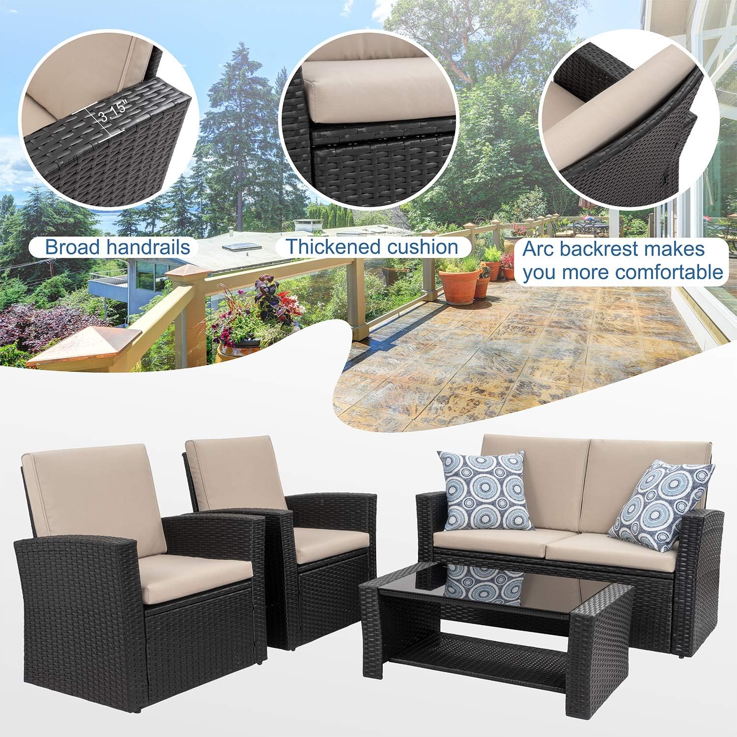 Garden And Poolside Outdoor Patio Conversation Sets Black Shintenchi 4 Piece Outdoor Patio Furniture Sets Wicker Rattan Sectional Sofa Couch With Glass Coffee Table For Backyard Porch Patio Furniture Sets Patio Lawn