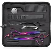 JASON Hair Cutting Scissors Set - 10 PCS Professional Haircut Shears Purple | Thinning Shear for Hair Cutting with 30 Teeth, Straight Scissor for Men Women Home Salon Barber