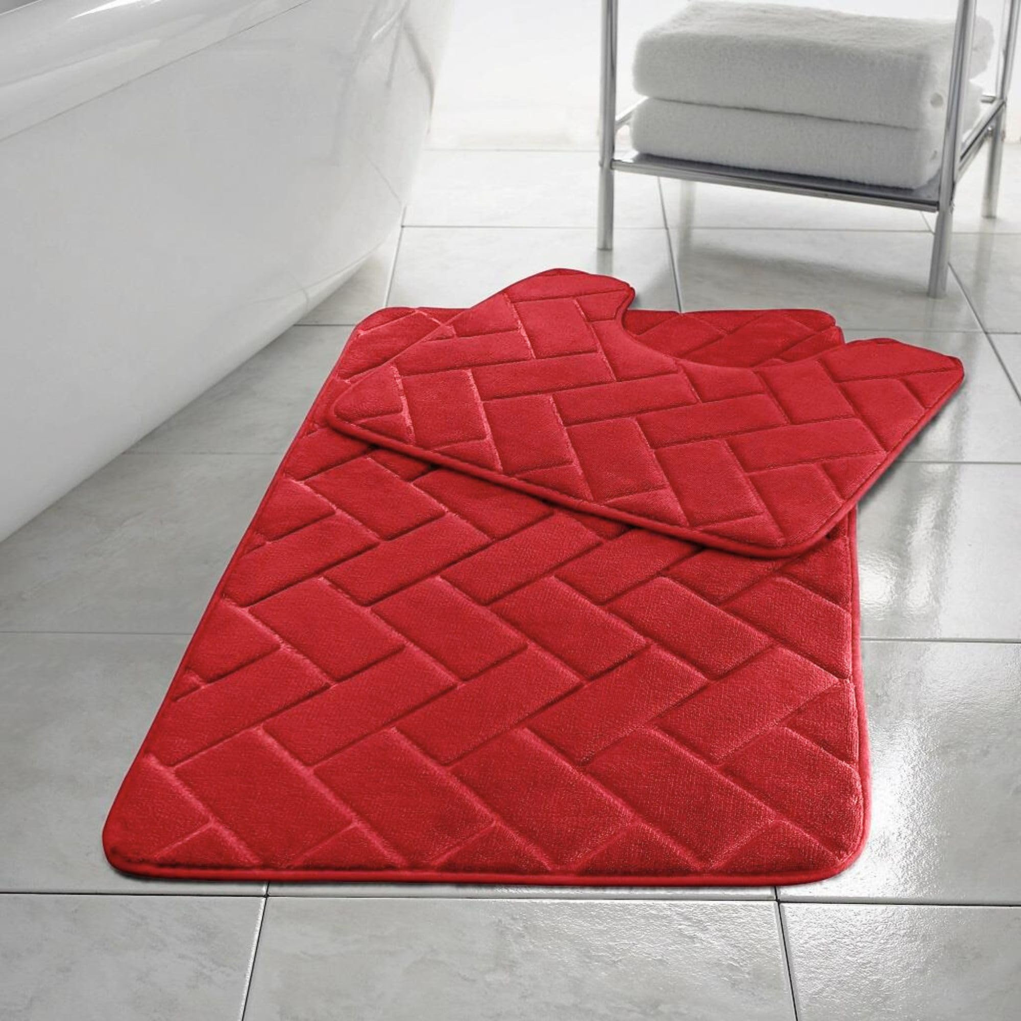HomeSpace Direct Blocks Non- Slip Memory Foam Bath Mat/Toilet Mat Set Red