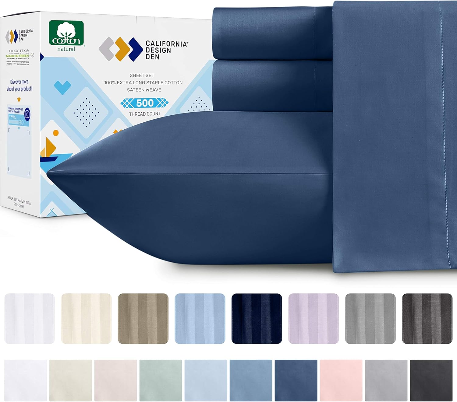 California Design Den 100% Cotton Sateen Queen Size Sheets - 500 Thread Count 4 Piece Sheet Set, Moonlight Blue Fade Resistant Bedding, Deep Pocket Fits Mattress 16 Inches: Home & Kitchen