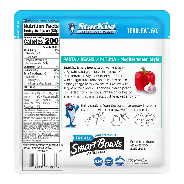 STARKIST SMART BOWLS TUNA, PASTA AND BEANS, MEDITERRANEAN STYLE, 4.5 OZ POUCH