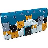Shag Wear Kitty Crowd Large Wallet Vegan Faux Leather Cat Design Clutch with Card Slots Bill Compartments ID Window Zippered Coin Pocket 7" Teal