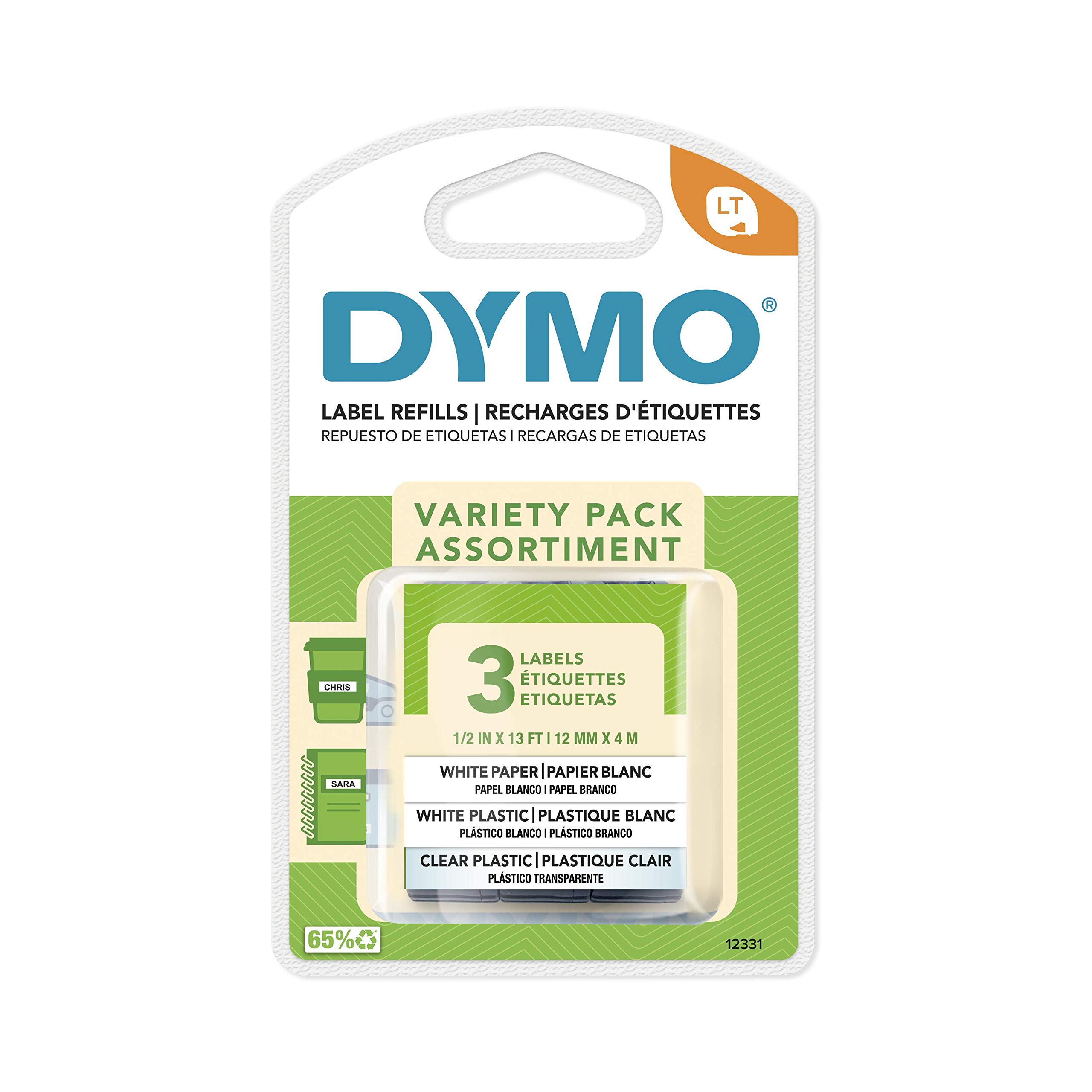 DYMO LT Labels Variety Pack 1/2-Inch x 13-Foot Rolls Black Print 3 Rolls for LetraTag Label Makers (Pack of 12) Image