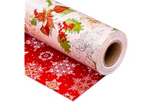 MAYPLUSS Christmas Wrapping Paper Roll, Vintage Reversible Christmas Gift Wrap with Poinsettia Design, Watercolor Red Green Floral Gift Wrapping Paper Holiday Present Packaging (17 Inch X 33 Feet)