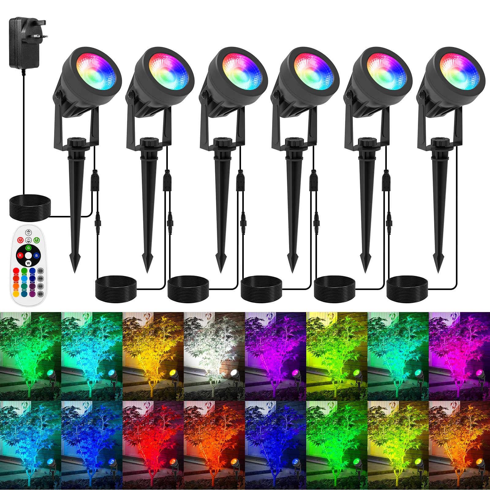 T-SUN Halloween Garden Spot Lights Mains Powered, 6-in-1 RGB Colour Changing Garden Spike Light with Remote, IP65 Waterproof Outdoor Spotlight, 39.36FT Cable Landscape Spot Light for Lawn Yard Pathway