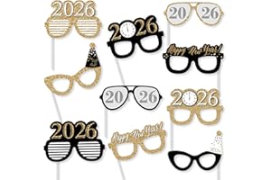 Big Dot of Happiness Gold New Year's Eve Photo Booth Props, 2026 Glasses and Masks, Paper Card Stock 2026 New Year’s Eve Party Supplies, NYE Photo Booth Props, 10 Count