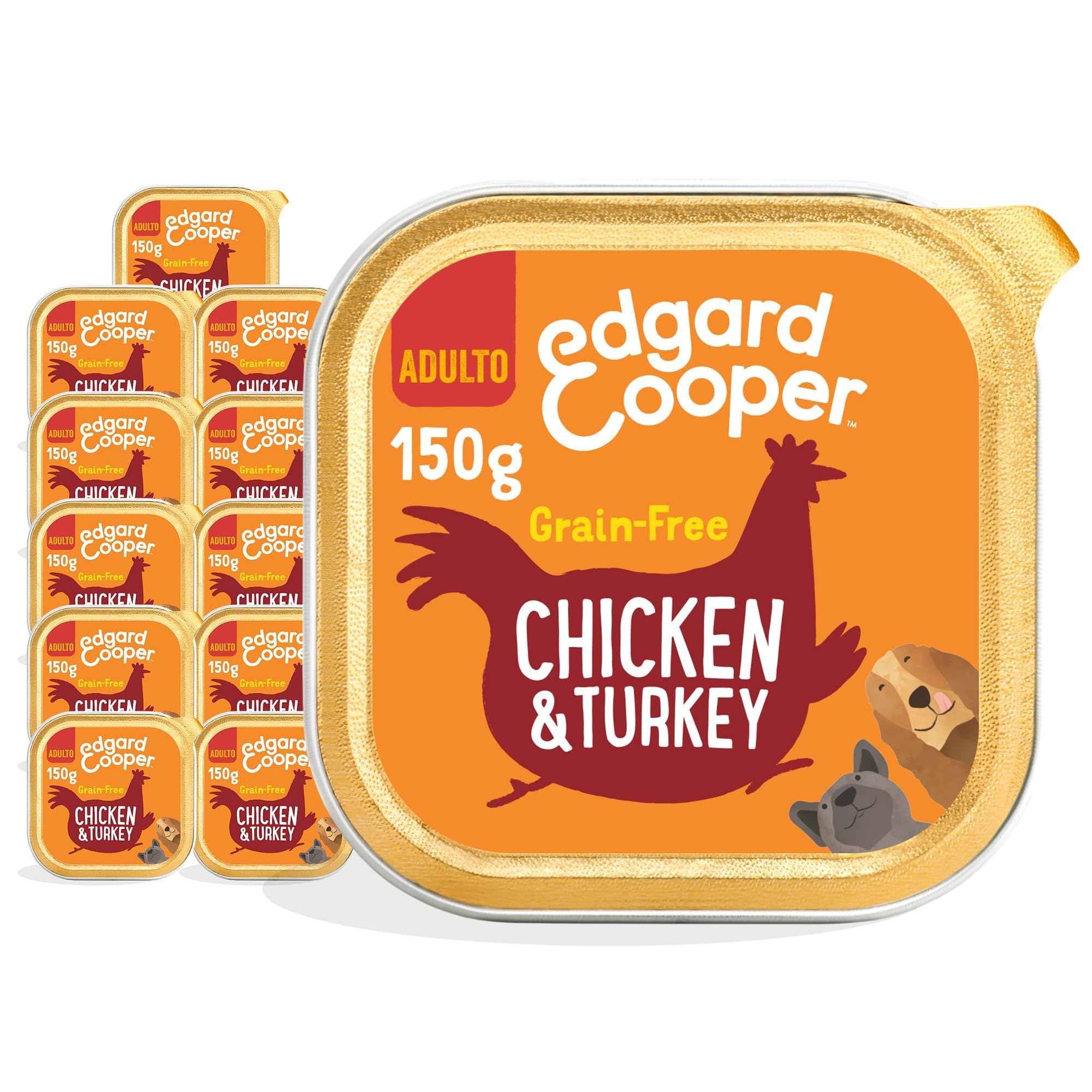 Edgard Cooper Grain-Free Wet Dog Food for Adult Dogs, Chicken Turkey 11 x 150g, Natural Dogs Food in Cup with Fresh Meat Amino Acids, Gluten-Free, High Protein