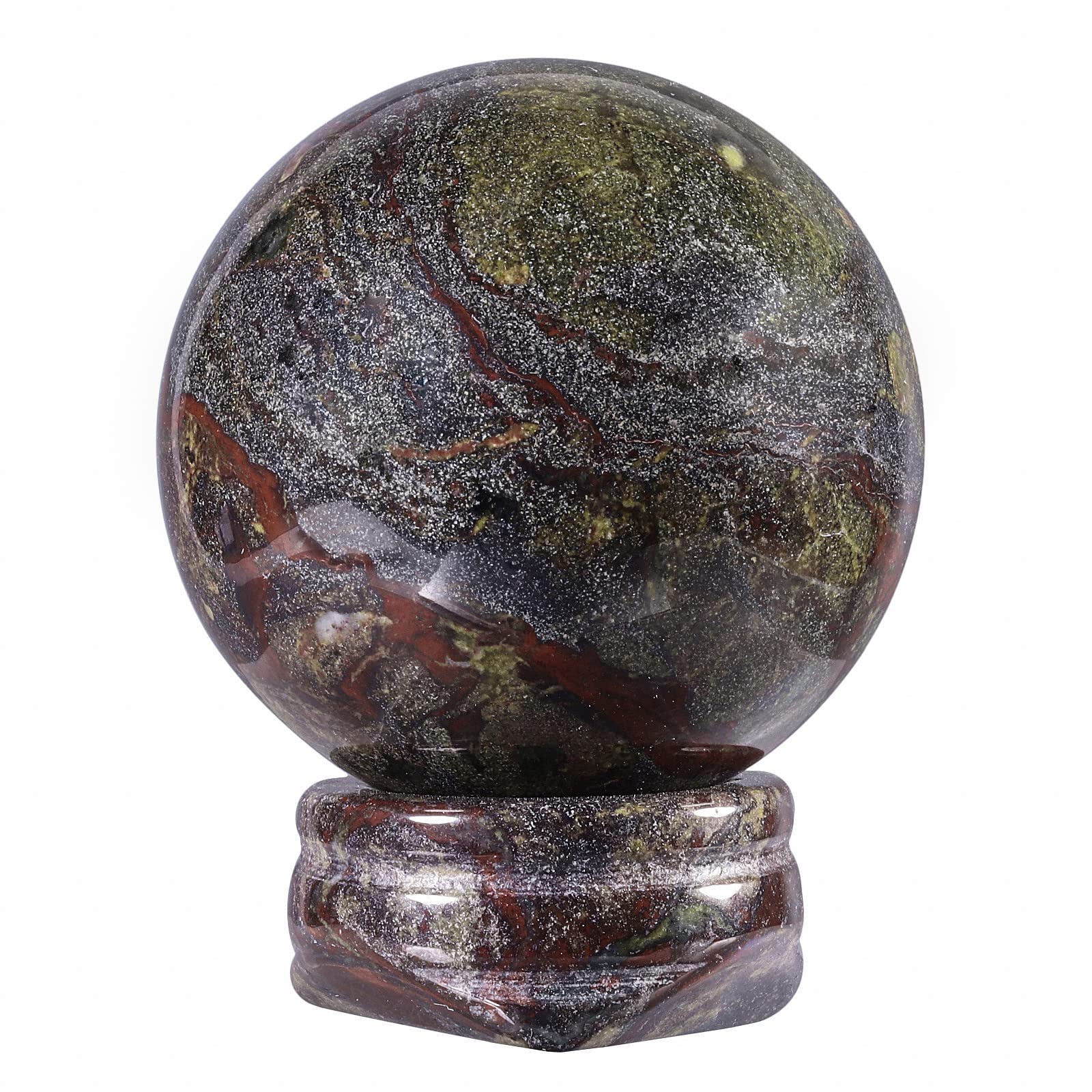 Nupuyai Dragon Bloodstone Crystal Ball Stone with Stand for Reiki Chakra Healing, Carved Polished Sphere Stone Spiritual Ornament Home Office Decor