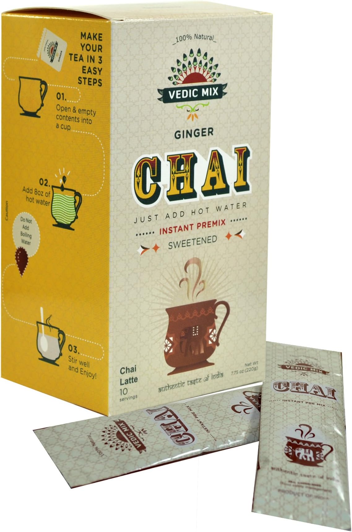 Vedic Mix Sweetened Chai Tea Latte, Ginger (10 Single-serve Packets)