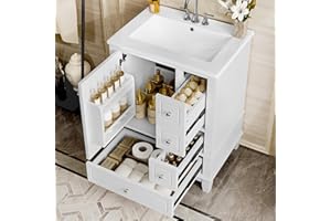 24" Bathroom Vanity with Sink, Harper & Bright Designs Free Standing Single Vanity Set with 3 Drawers and One Door with Storage Racks, Solid Wood Storage Cabinet with Ceramic Basin for Bathroom, White