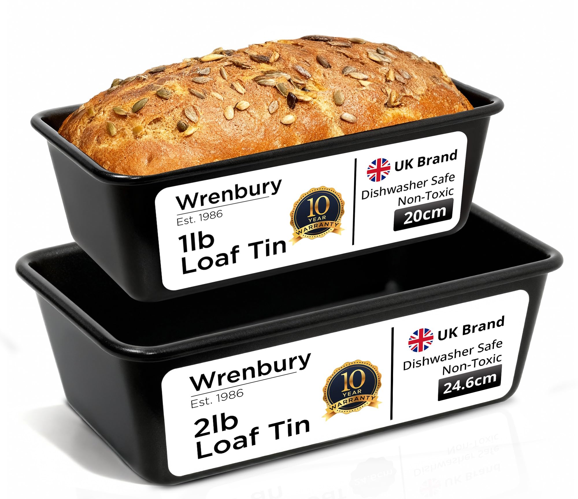 Wrenbury Set of 2 Loaf Tins for Baking - 1lb and 2lb Non Stick Bread Tins for Baking - 10 Year Guarantee - Heavy Duty Baking Tin to Last for Years