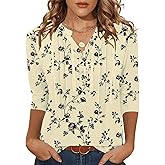 Rapbin 3/4 Length Sleeve Womens Tops Summer V Neck Lace Pleated Button Down Blouses Dressy Casual Elegant Tunic Shirts