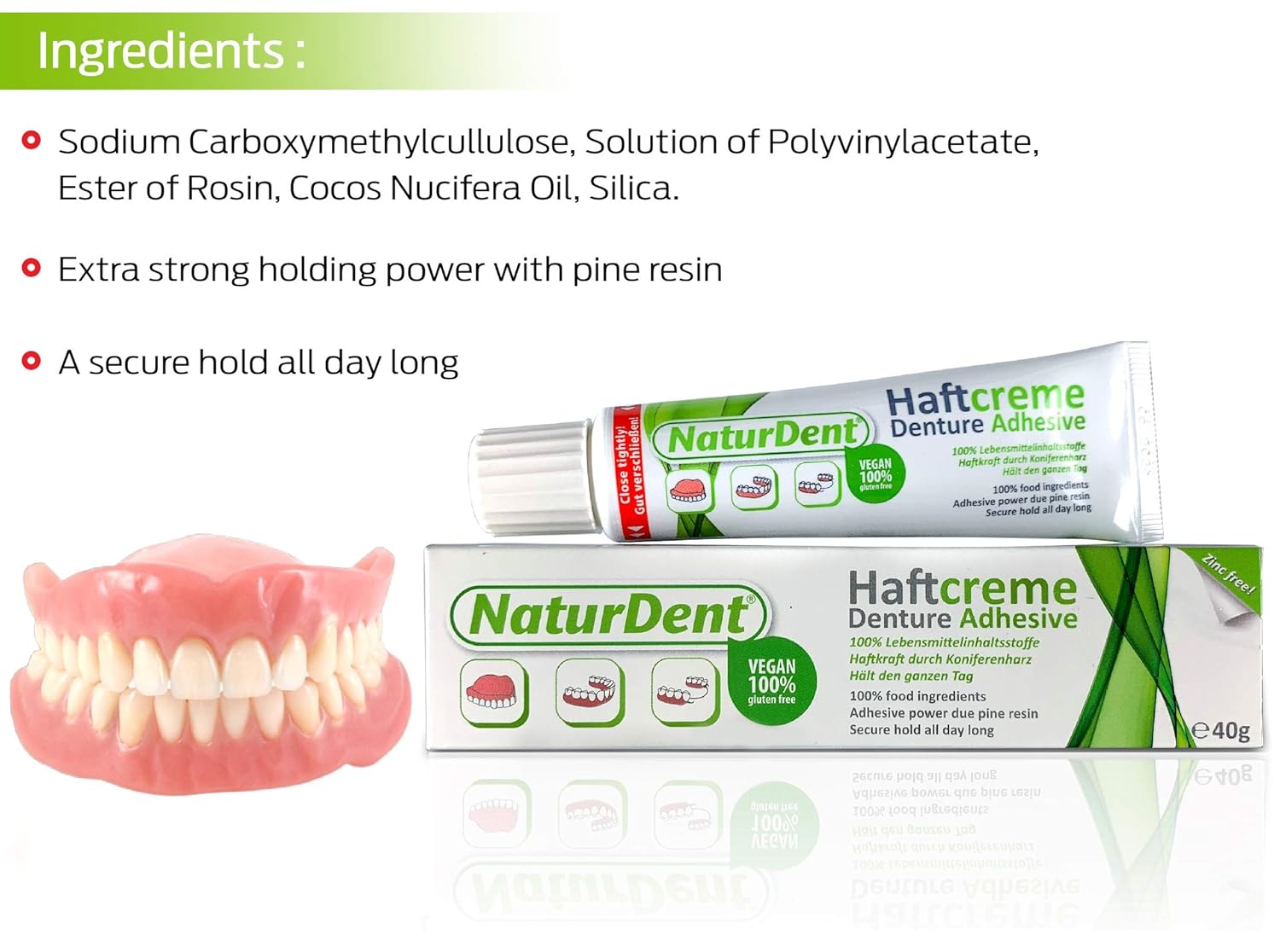 Natural Strong Waterproof Denture Adhesive | Holds Dentures Longer and Stronger | NO Yucky Taste NO Zinc NO Paraben | Smile and Eat with Confidence Great Present for Anyone with Full Partial Dentures : Beauty