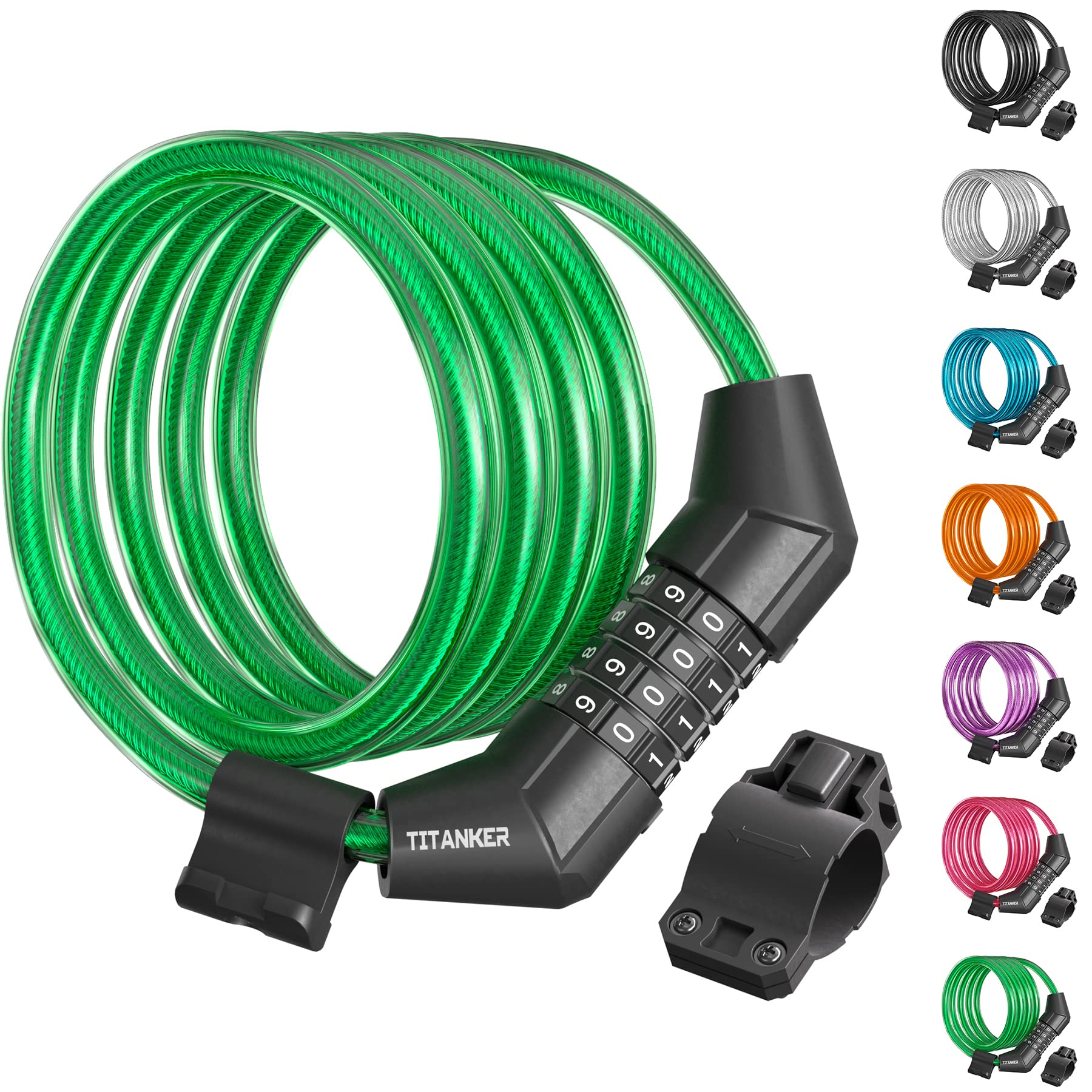 Photo 1 of Titanker Bike Lock Cable, 4 Feet Bike Cable Lock Basic Self Coiling Kids Bike Lock Combination with Complimentary Mounting Bracket, 5/16 Inch Diameter (4FT, Green-8mm)