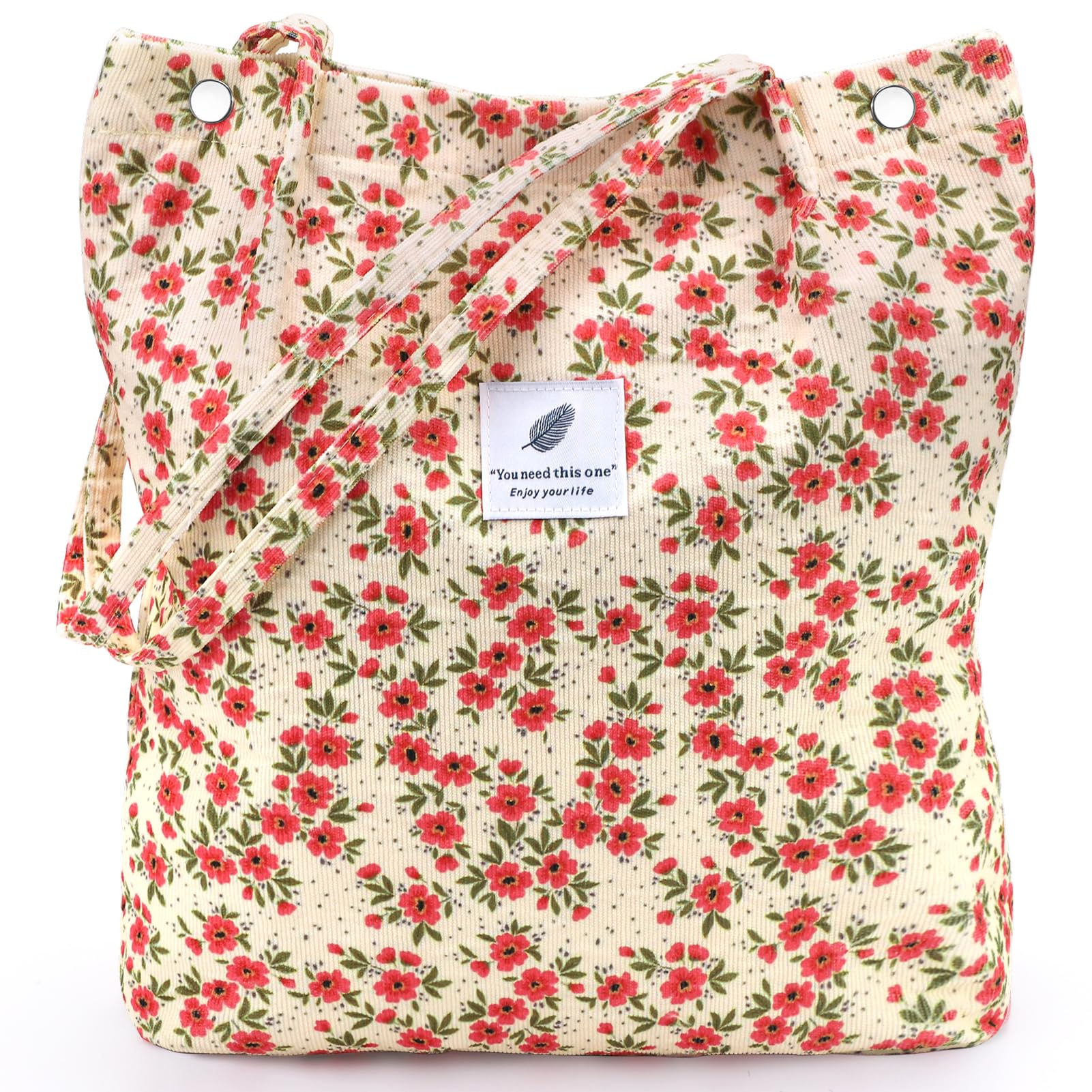 LHMTQVK Corduroy Tote Bags for Women, Large Capacity Corduroy Bag Reusable Grocery Shoulder Bag with Inner Pockets, Floret, L