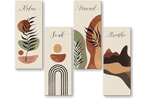 QIXFGUL Boho Bathroom Decor Sign Minimalist Bathroom Wall Art Relax Soak Unwind Breathe Wooden Hanging Wall Art for Farmhouse Home Restroom Living Room 13.7x4.7 in 4Pcs
