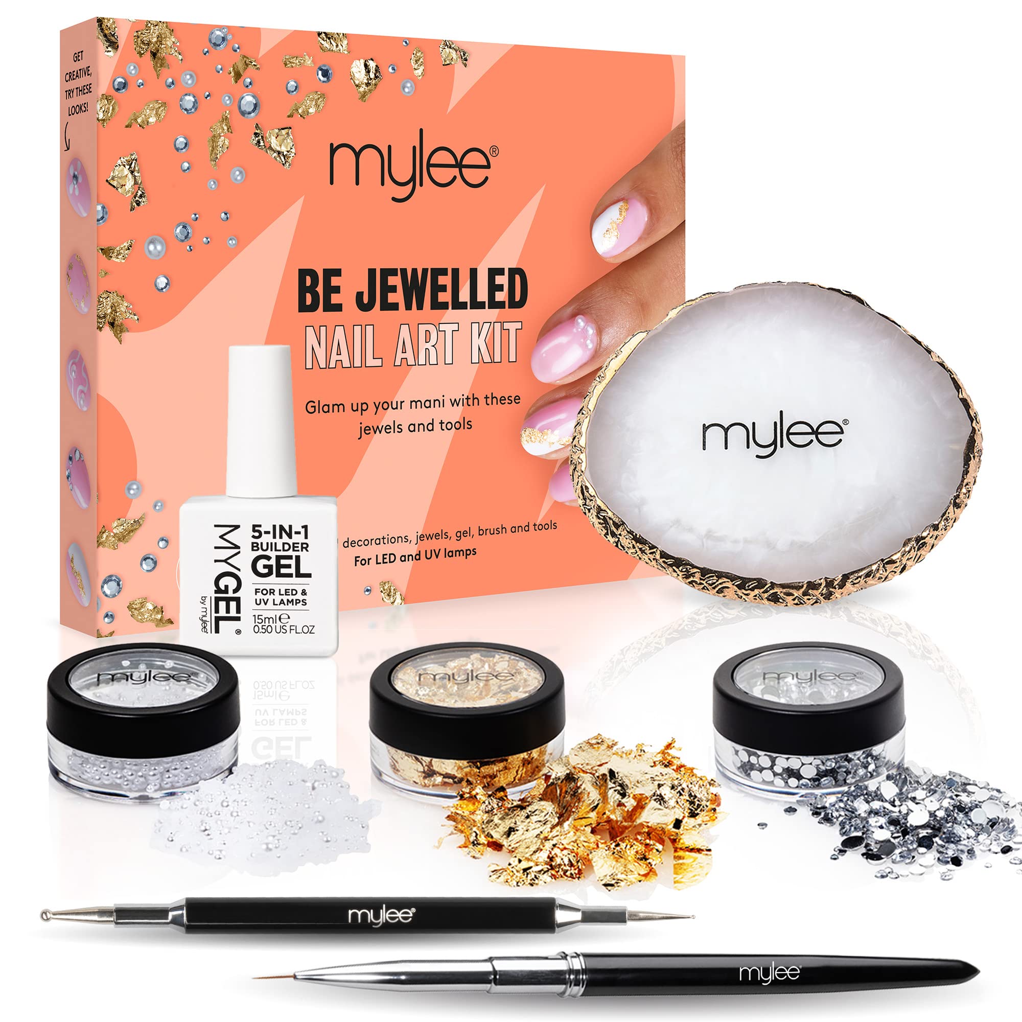 Mylee Be Jewelled Nail Art Kit, Clear Builder Gel, Dotting Tool, Nail Art Brush, Mixing Palette, Assorted Pearls, Assorted Gems, Gold Leaf, For Use on Natural Nails, Acrylic Nails, False Nails & Tips