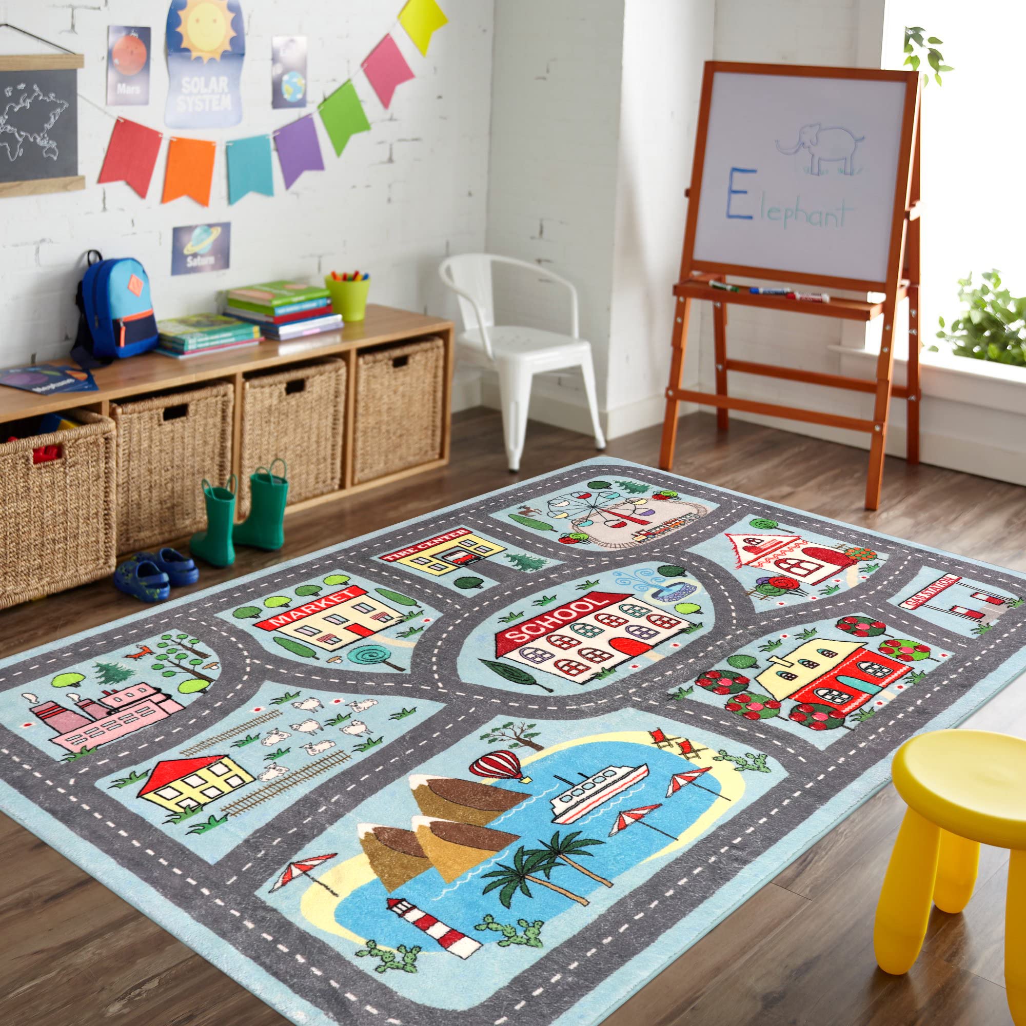 Photo 1 of LIVEBOX Large Playroom Rug 5'x7' Kids Play Mat for Classroom, Road Traffic Carpet for Boys Girls Playing Cars Toys, City Life Nursery Car Rug for Toddlers Bedroom Kids Room