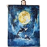 jwyta Orca Moonlit Flannel Blanket,Mystical Ocean Night Throw with Whale,Full Moon and Watercolor Iceberg,Lightweight Fleece Blankets for Marine Lover,Couch,Cabin,Bed,Camping Decor Gifts,60x50in