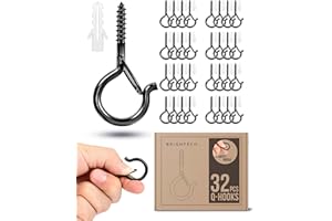 Brightech String Light Screw Hooks - Ceiling Hooks for Hanging Solar, Plug-in Lights, Outdoor String Lights - Q Hooks with Safety Buckle Design for Porch, Patio - 32 Pack, Black, AMB-HKS-32