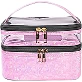 FITINI Makeup Bags Double Layer Travel Storage Cosmetic Cases Make-up Organizer Toiletry Bags Water-resistant for Women Makeup Brush Bag,Light Pink Holographic