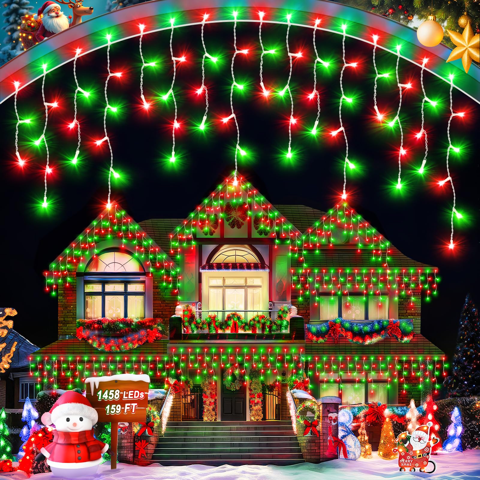 Photo 1 of 159 FT Christmas Lights Outdoor, 1458 LED Waterproof Outside Christmas Lights Plug in, Timer & Memory, 8 Modes Fairy Lights with 324 Drops for House Eaves Yard Patio Decorations, Red and Green