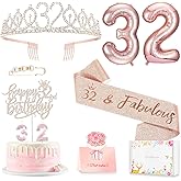 Awfrky 32nd Birthday Decorations for Her Women, Including 32 year old Birthday Cake Topper, Queen Sash with Pearl Pin, Sweet Rhinestone Tiara Crown, Number Candles and Balloons Set, Rose Gold