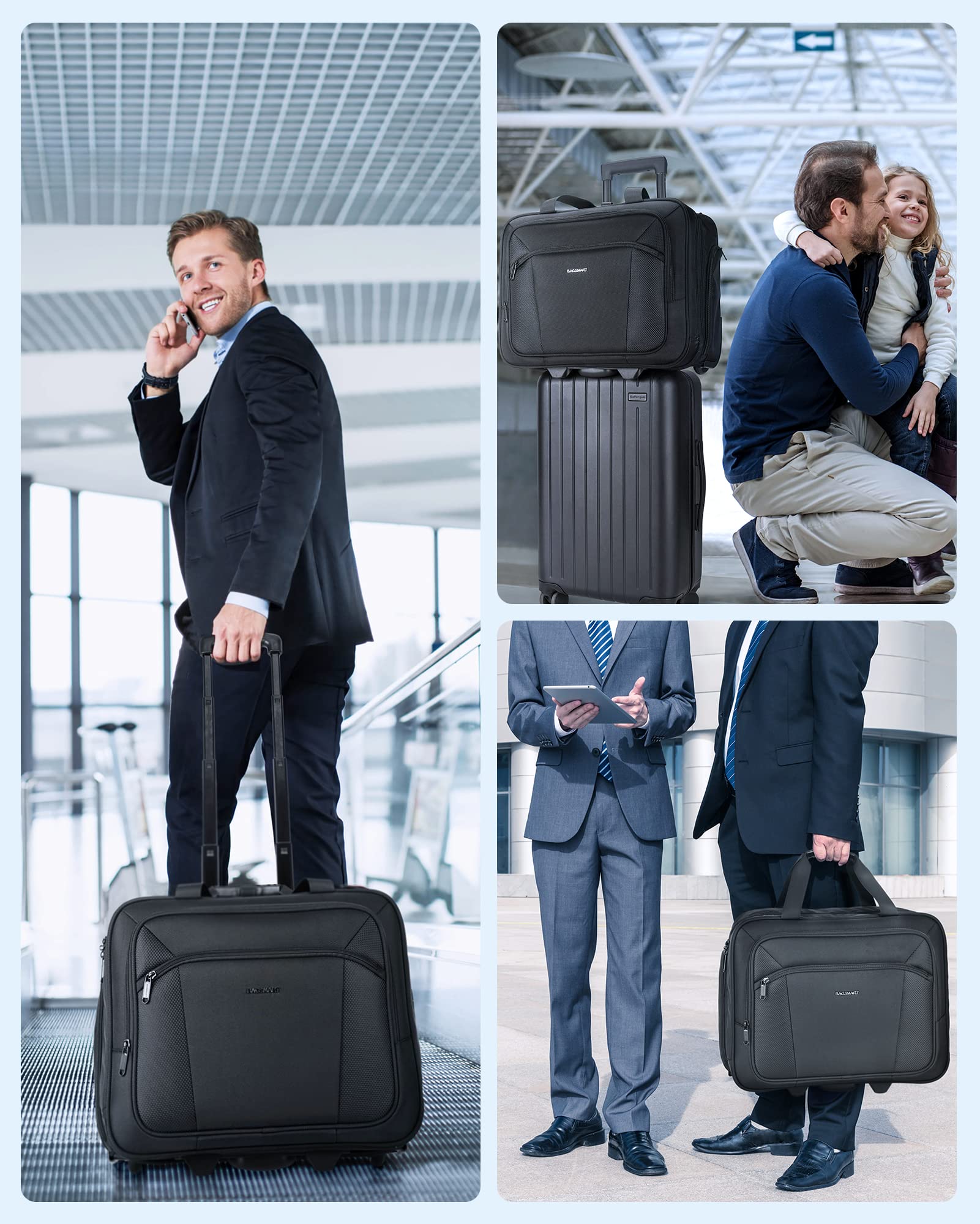 BAGSMART 17.3 Inch Rolling Laptop Briefcase with Wheels, Large Unisex Computer Bag for Business Travel, Black