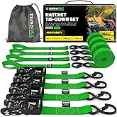 Rhino USA Ratchet Straps Heavy Duty Kit (2-Pack) - 1.6 Inch x 8 Feet Min Break Strength (5,000) - Ultimate Tie Down Straps with Safety S Hooks for Trucks, ATV, UTV, Motorcycle, Cargo & More - Red