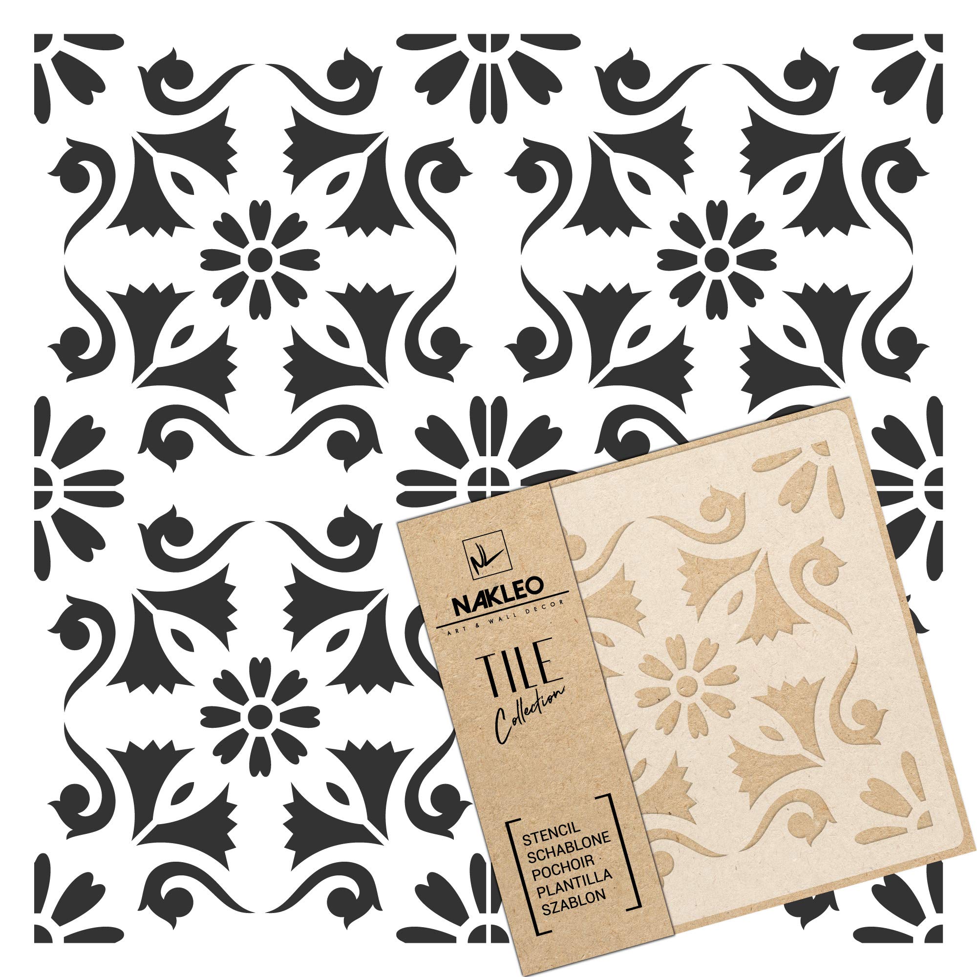 NAKLEO Tile Painting Stencil 25x25 cm, Escalos Spanish Moorish Flower Moroccan, Plastic Reusable Template, Home Decor Craft DIY, Floor Concrete Patio Wall - Terracotta