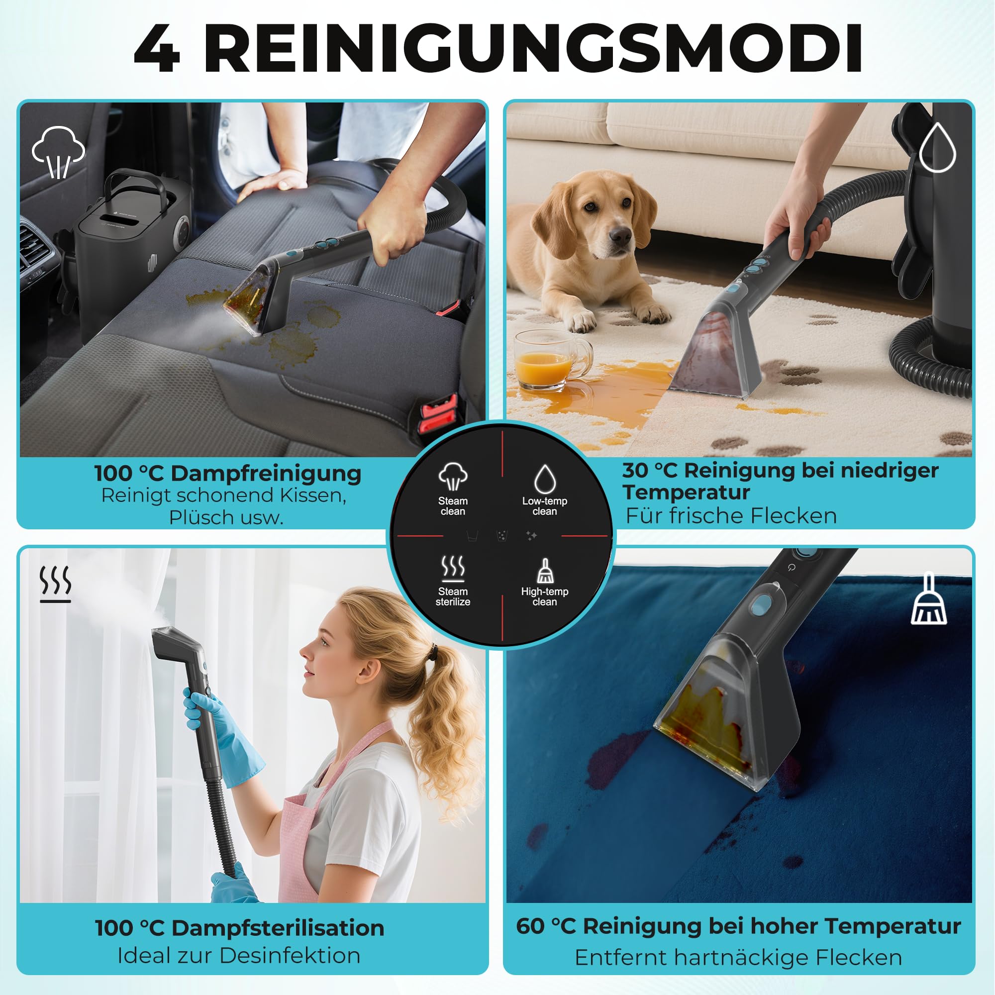 UMI Waschsauger, Dampfreiniger mit 14 kPa Saugkraft, Teppichreiniger mit 4 Reinigungsmodi, Polsterreiniger mit Hochtemperaturfunktion, Doppeltanksystem, Teppichreiniger mit Reinigungsmittel 2