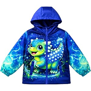 LEMONBABY Boys Windbreaker Jacket Lightweight Hooded Mesh Lined Zip Up Dinosaur Coat for Kids