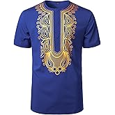 LucMatton Men's African Short Sleeve Hidden Button Shirt Metallic Foil Stamping Dashiki T Shirt​