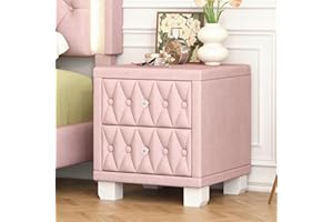 Merax Velvet Nightstand with 2 Storage Drawers and Crystal Knob Handle, Elegant Bedside Table with Button-Tufted, 18.1"x18.1"