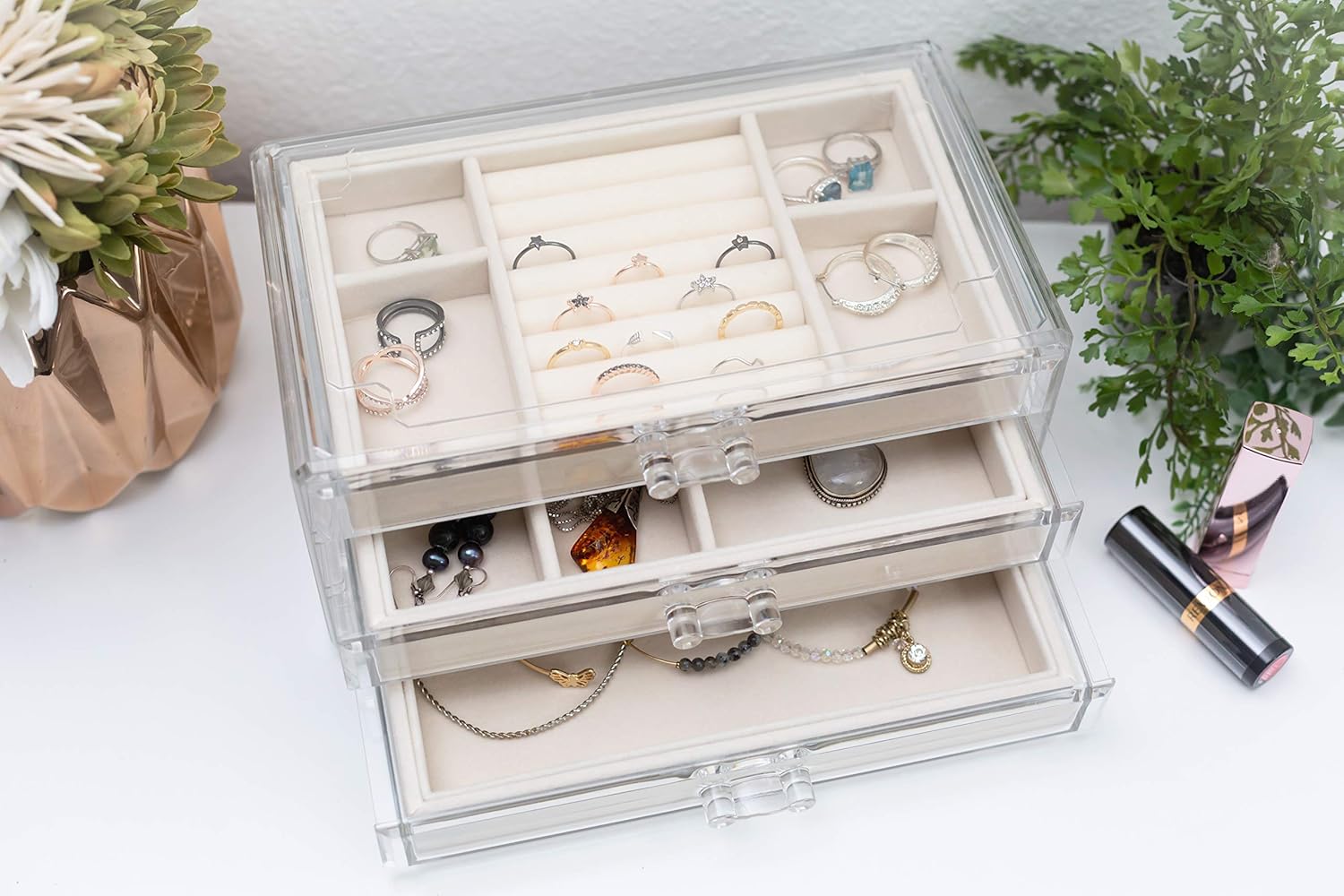 Acrylic Jewelry Organizer Box Women – 3 Drawers Clear Storage Case for Girls – Bracelet, Necklace & Ring Holder with Velvet Lining by Simple Goods: Home Improvement
