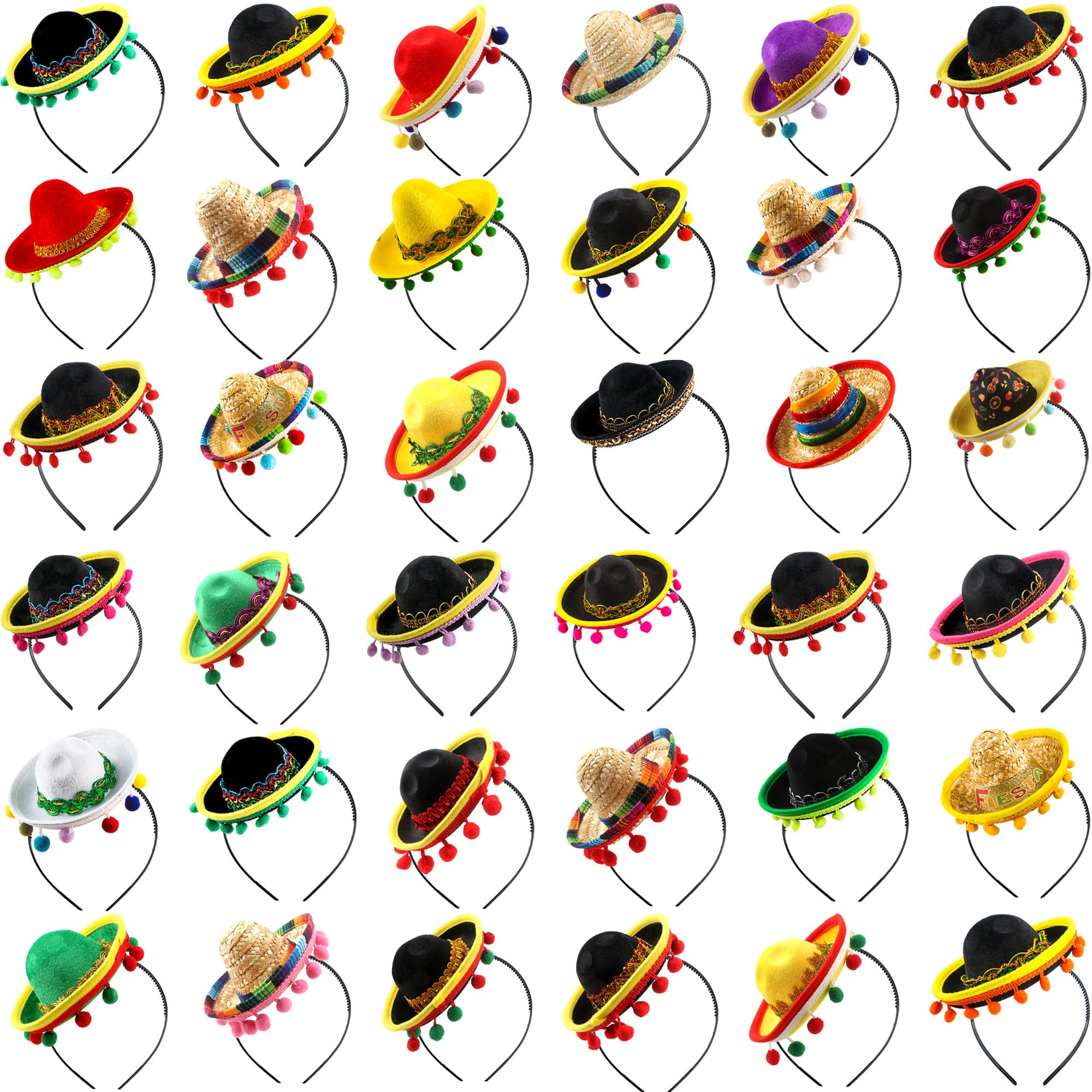 Sonarun 36 Pieces Mexican Fiesta Party Headband with Ball Fringe Cinco De Mayo Sombrero Headband Mini hat Headband Costume for Photo Props Party Favors Mexican Theme Decorations Luau