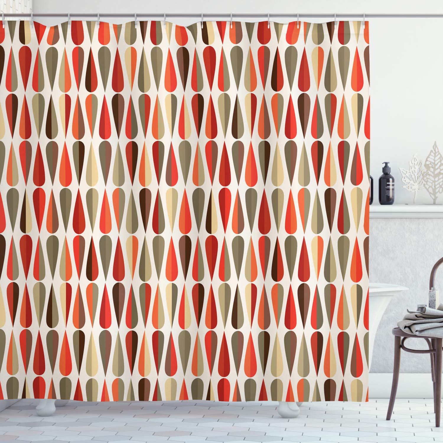 ABAKUHAUS Retro Shower Curtain, Sixties and Seventies Style Geometric Round Shaped Design with Warm Colors Print, Cloth Fabric Bathroom Decor Set with Hooks, 94 Inches, Multicolor