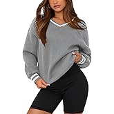 PRETTYGARDEN Women's Oversized Sweatshirts Casual Long Sleeve Stripes Knit V Neck Pullover Top Spring Preppy Clothes