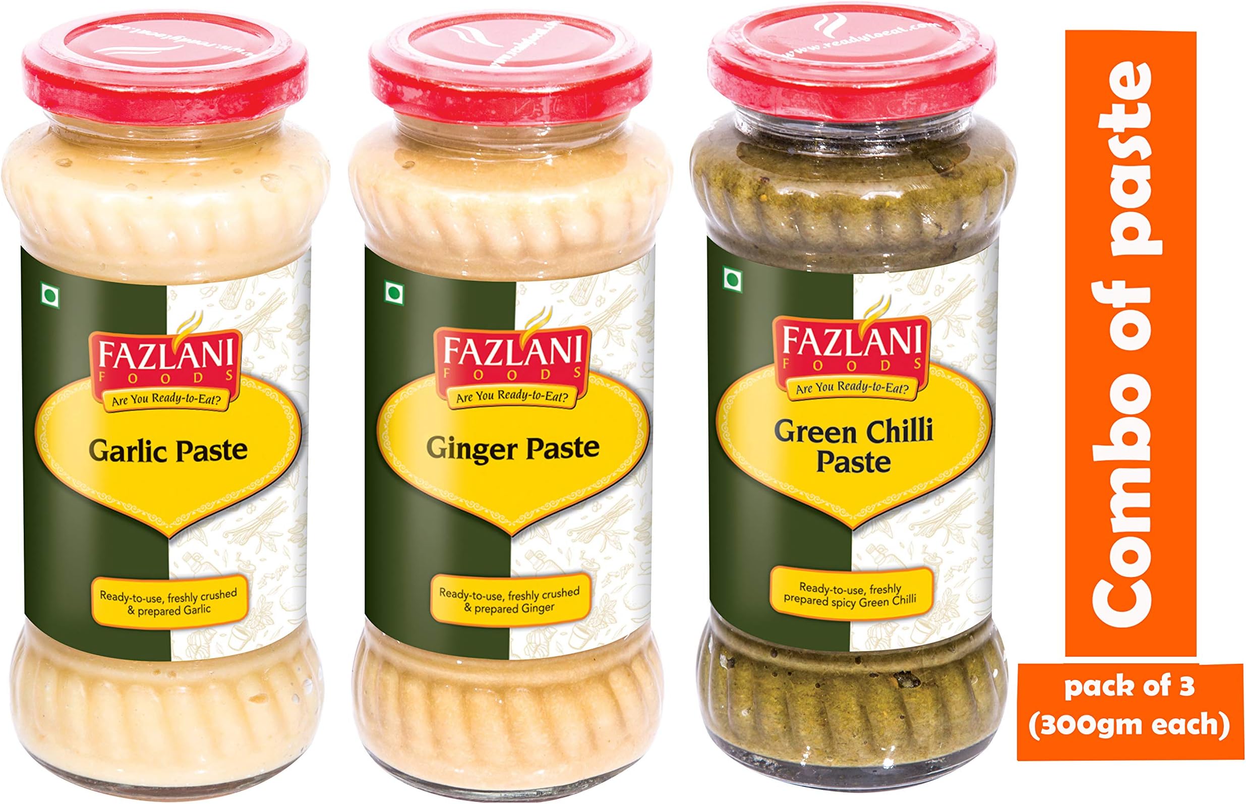 Ready To Use Combo Of Garlic Paste, Ginger Paste & Green Chilli Paste -Pack Of 3, 300Gm Each