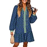Wenrine Womens Long Sleeve Casual Mini Dress Floral V Neck Ruffle Loose Fall Boho Babydoll Dresses with Pockets