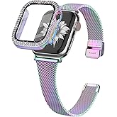Joyozy Slim Stainless Steel Band Compatible with Apple Watch 38mm 40mm 41mm 42mm 44mm 45mm 46mm Milanese Strap with Bling Glitter Case Built-in Screen Protector Dressy Bracelet Band for Women(Rainbow 45mm)