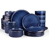 famiware Star Plates and Bowls Sets, Modern Stoneware Dinnerware Sets for 8, 24-Piece Kitchen Dish Set - Microwave and Dishwasher Safe, Chip and Scratch Resistant, Nebulas Blue