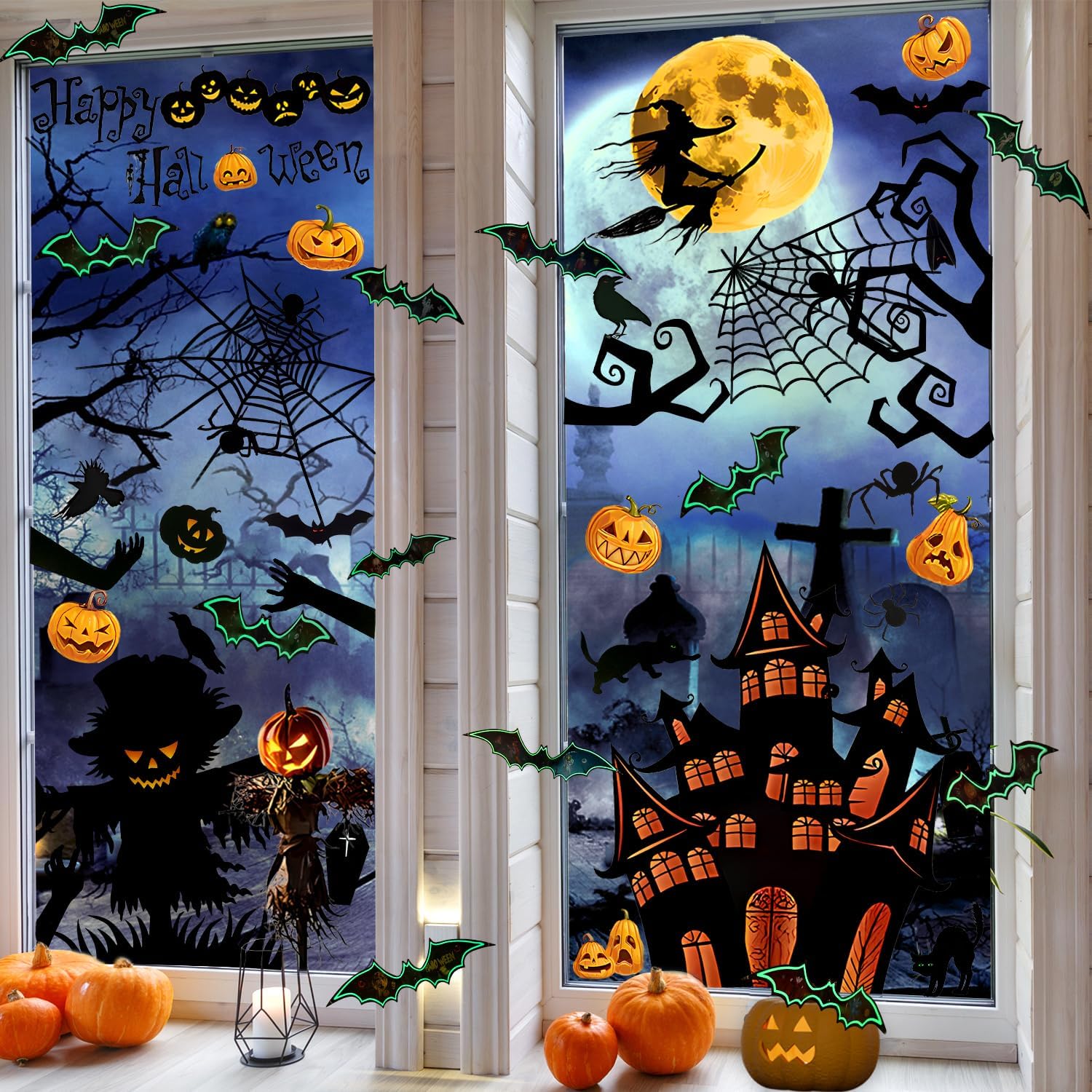 Mauts 149pcs Halloween Window Stickers Glass Decals for Halloween Party Decorations and 16pcs 3D Bats Decoration-4 Sizes Realistic PVC Scary Bats Window Decal Wall Stickers — image 1
